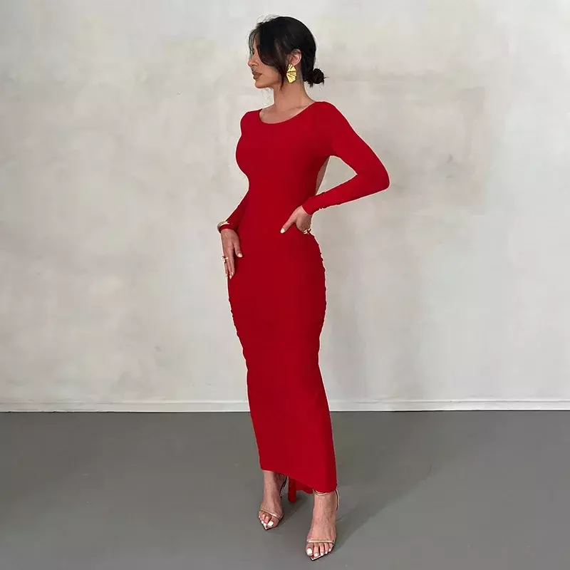 Платье-макси с открытой спиной, элегантное красное платье с длинным рукавом, соблазнительное боди с рюшами, вечернее женское облегающее платье, весна 2023, рождественские наряды