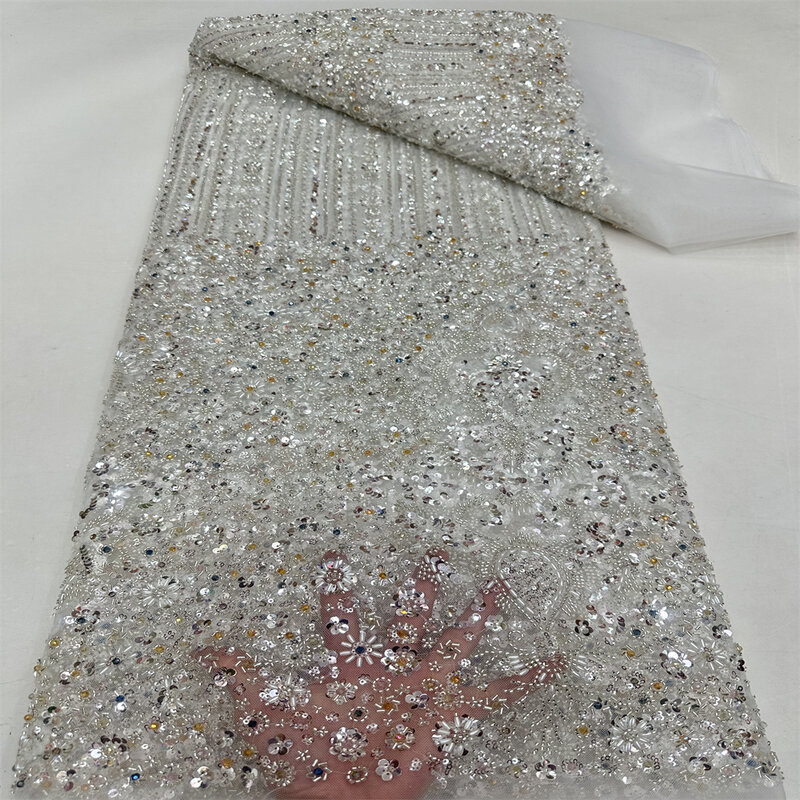 Tissu de dentelle perlée de paillettes africaines de luxe, tulle nigwin français, broderie de haute qualité, fête de mariage, RF, 5 mètres