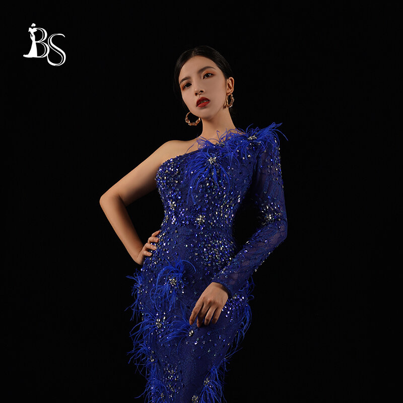 Baisha-vestido de noche de sirena personalizado, hecho a mano con cuentas, hombro oblicuo, pelo de avestruz H703, vestidos de fiesta elegantes 2024 largos