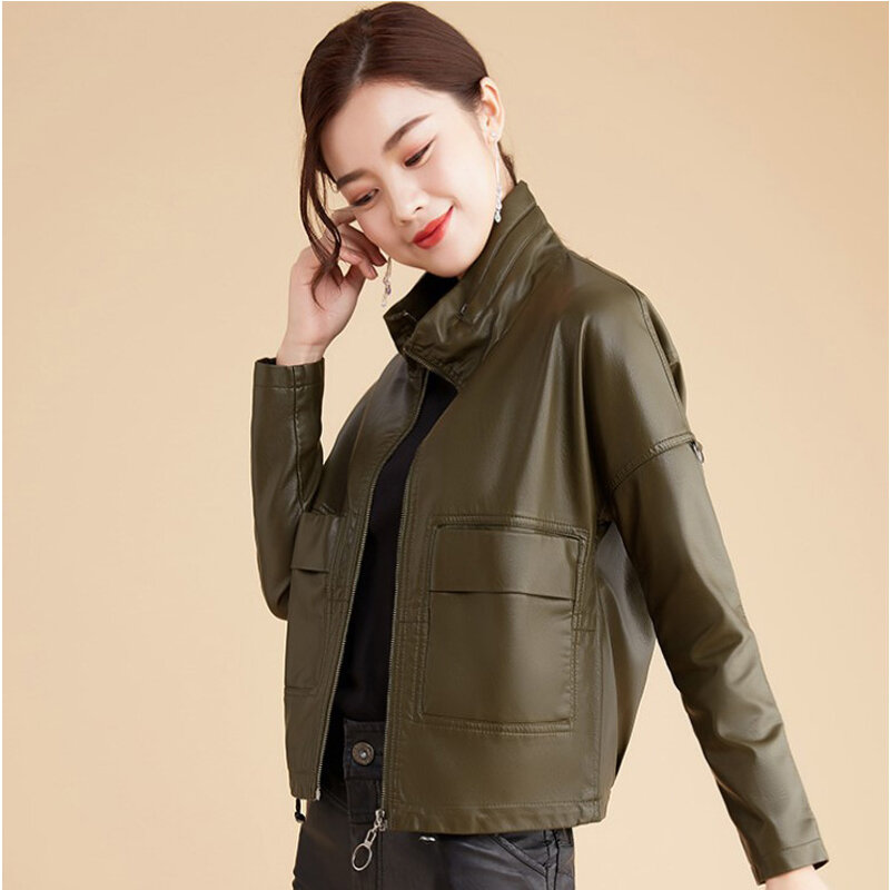 Короткая свободная облегающая кожаная куртка из овчины 2023 для женщин на весну и осень, новый модный стоячий воротник в Корейском стиле