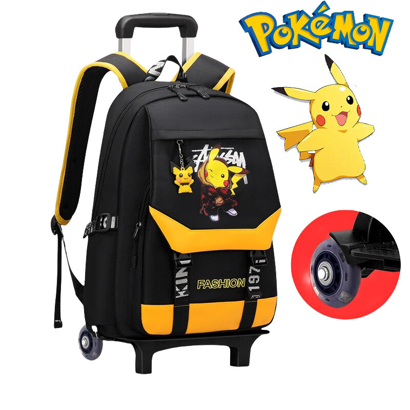 New Pokemon Fashion Pikachu Trolley School Bag Boy Girl Student Cart Climbing Stairs Convenient Luggage Children Travel Bag Gift