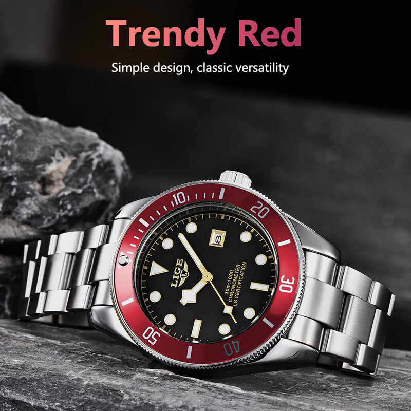 Reloj de lujo LIGE para hombre, relojes de acero, reloj de cuarzo, reloj de pulsera informal a la moda, 30M resistente al agua, luminoso, con fecha automática, reloj Masculino