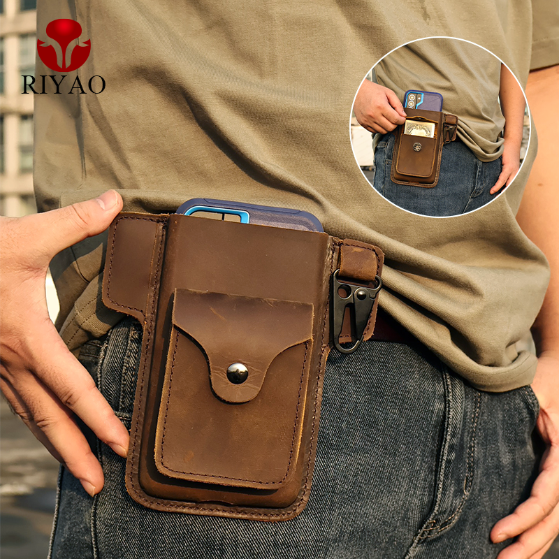 RIYAO-Poudres de téléphone en cuir véritable vintage, clip de ceinture, sac de taille, étui de téléphone portable, étui portefeuille, poche pour iPhone, Samsung
