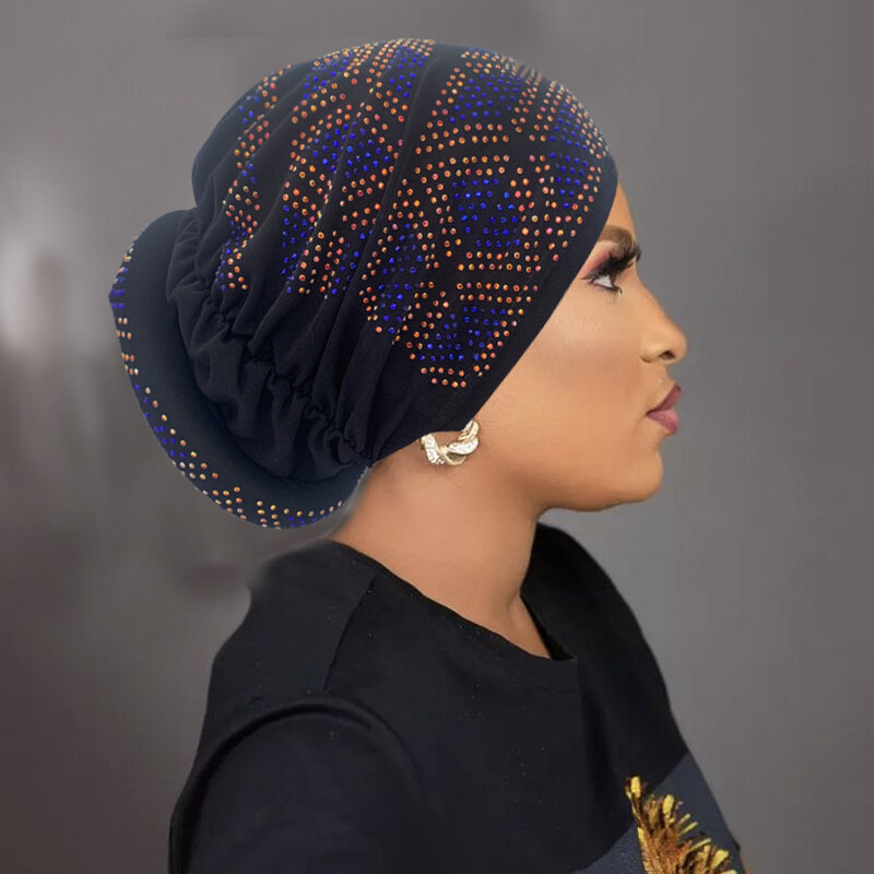 2023 Novo Glitter Diamantes Tampão Turbante das Mulheres Verão Muçulmano Beanie Cabeça Envolve Lenço Feminino Bonnet Lady Party Headdress