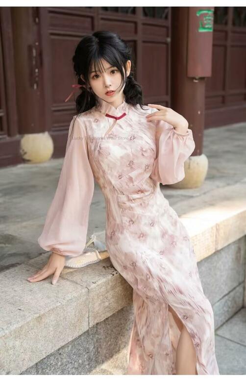 Vestido Cheongsam Hanfu de estilo chino para mujer, vestido de una línea, para chica Qipao, elegante, informal, diario, de gasa mejorada