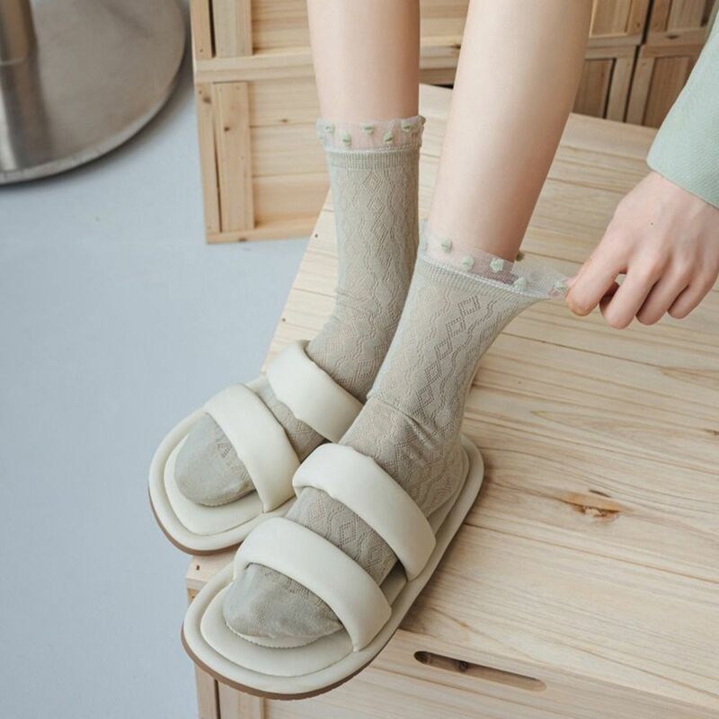 Kaus kaki lembut untuk wanita, nyaman tipis musim panas elastis warna Solid kaus kaki jala berongga kaus kaki tabung Tengah
