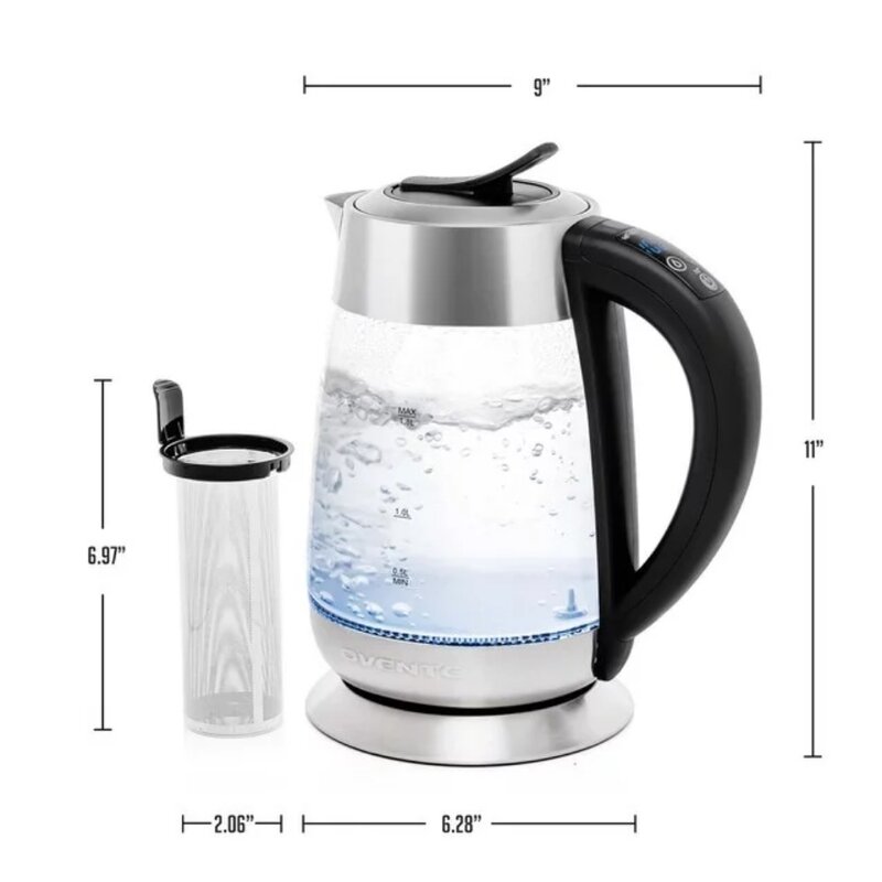 Hervidor eléctrico de té de vidrio, 1,8 litros, Apagado automático, inalámbrico