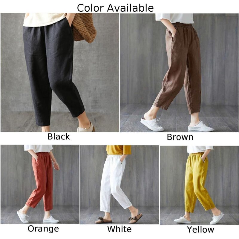 Pantalones holgados de lino y algodón con cintura elástica para mujer, cómodos y elegantes