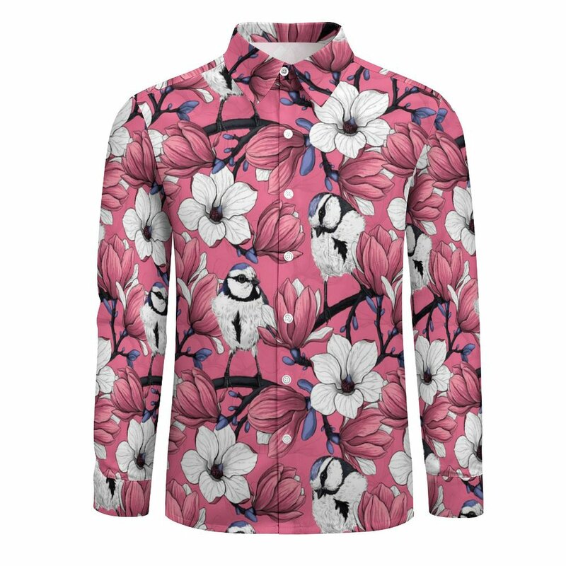 Cute Bird Shirt Spring White Flower Print Casual Shirts Male Elegant Blouse Long Sleeve Design Korean Fashion Tops Plus Size
