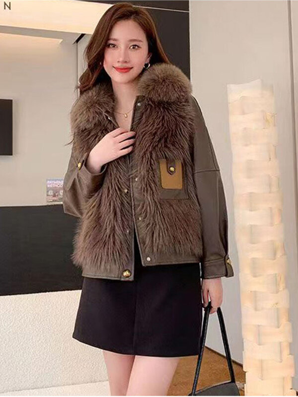 Jaqueta de couro falso feminina, casaco de pele sintética, outwear de rua, grossa e quente, elegante e elegante, estilo coreano, 2023, outono e inverno