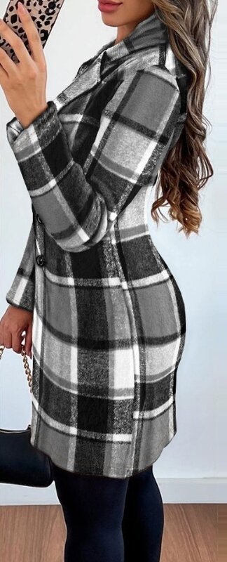 여성용 체크 무늬 패턴 더블 브레스트 긴팔 코트, 슬림 루즈 포켓 노치 칼라, 캐주얼 작업 코트, 2023 가을 겨울 패션