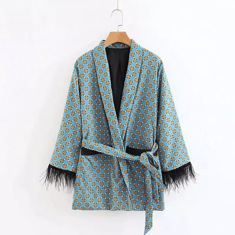 Fatos de quimono estampados azuis femininos, jaqueta com mangas de penas, calças largas, roupas vintage, sol, primavera, 2 peças