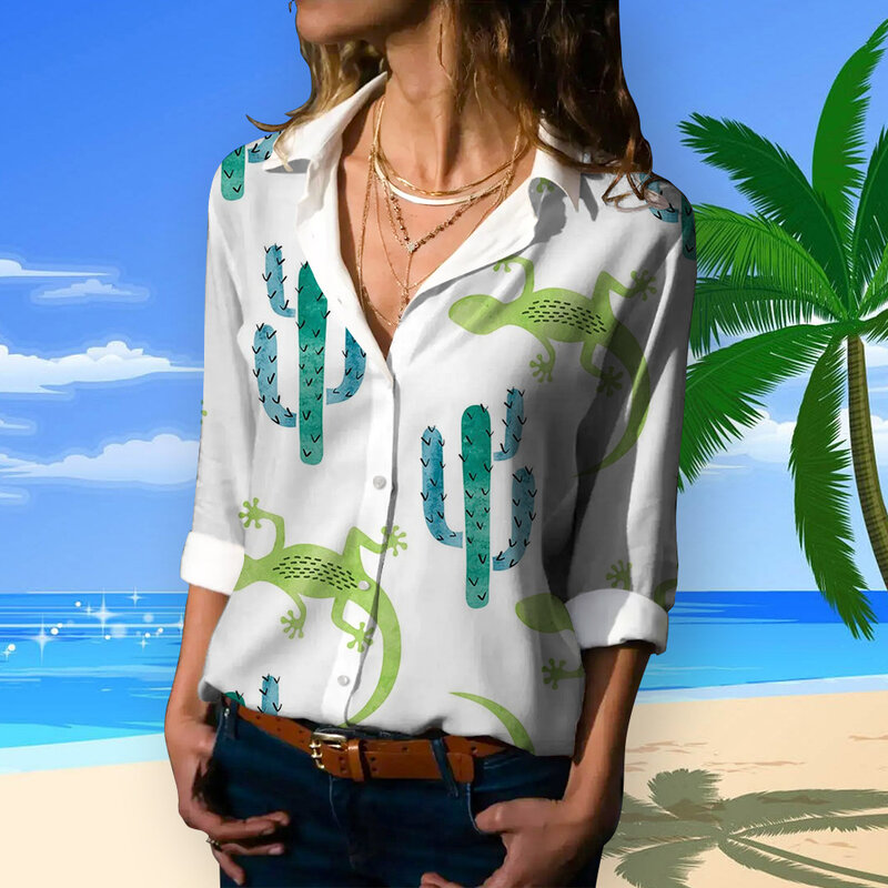 Moda Damska Koszula Śliczne Zwierzęta Topy Lato Wiosna Nowa Odzież Damska Casual Długi Rękaw Guziki Luźna Bluzka Koszule Hawajskie