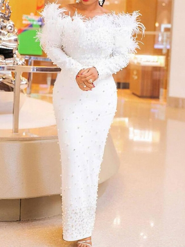 Gaun Afrika untuk wanita 2024 musim semi dan musim gugur wanita Afrika lengan panjang putih ukuran besar gaun panjang pakaian Afrika