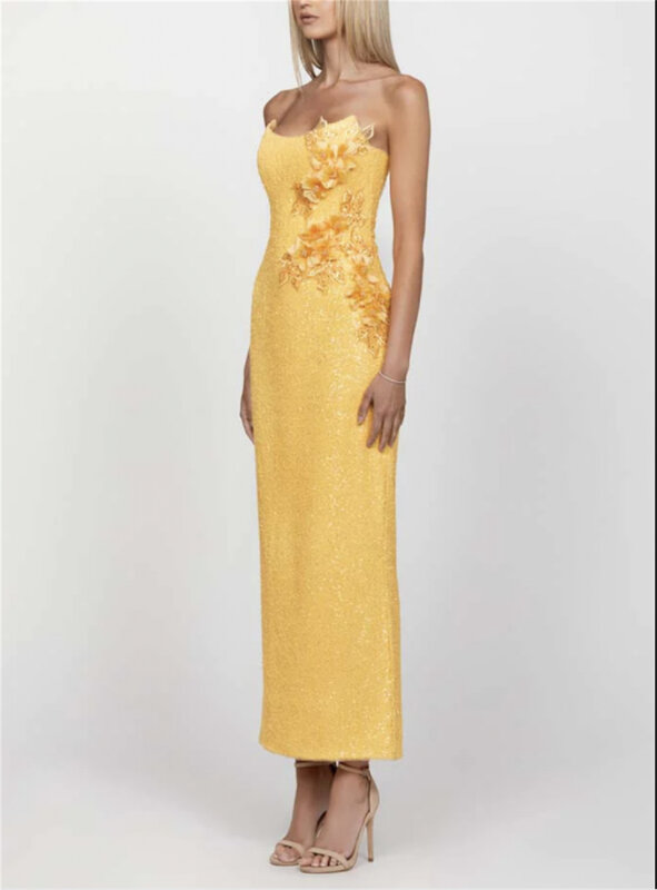 Einfache gelbe Ballkleid Mode Bandeau Quince anera Engagement Valentinstag Kleid Schlitz ärmellose bodenlangen Tüll 2024