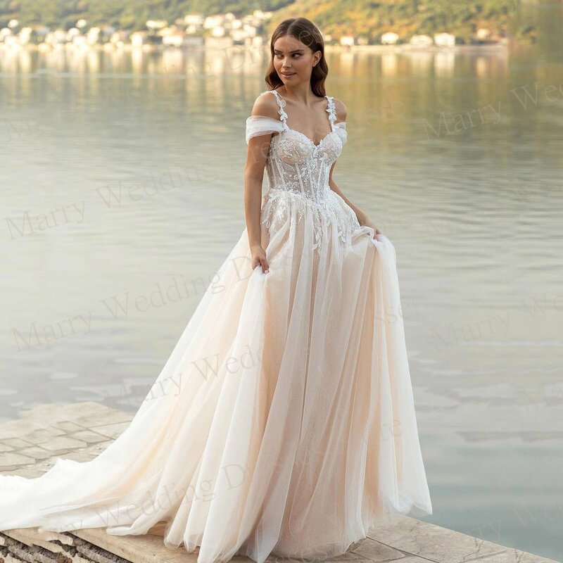 Gaun pernikahan indah mewah Arab baru gaun pengantin applique renda A Line tanpa tali tanpa lengan dengan gaun mutiara Robe De marifee