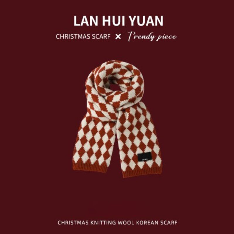 New Style Big Red Knitted Warm Scarf Female Winter Japanese Plaid Student Versatile Wool Trendy Fashion Year Christmas