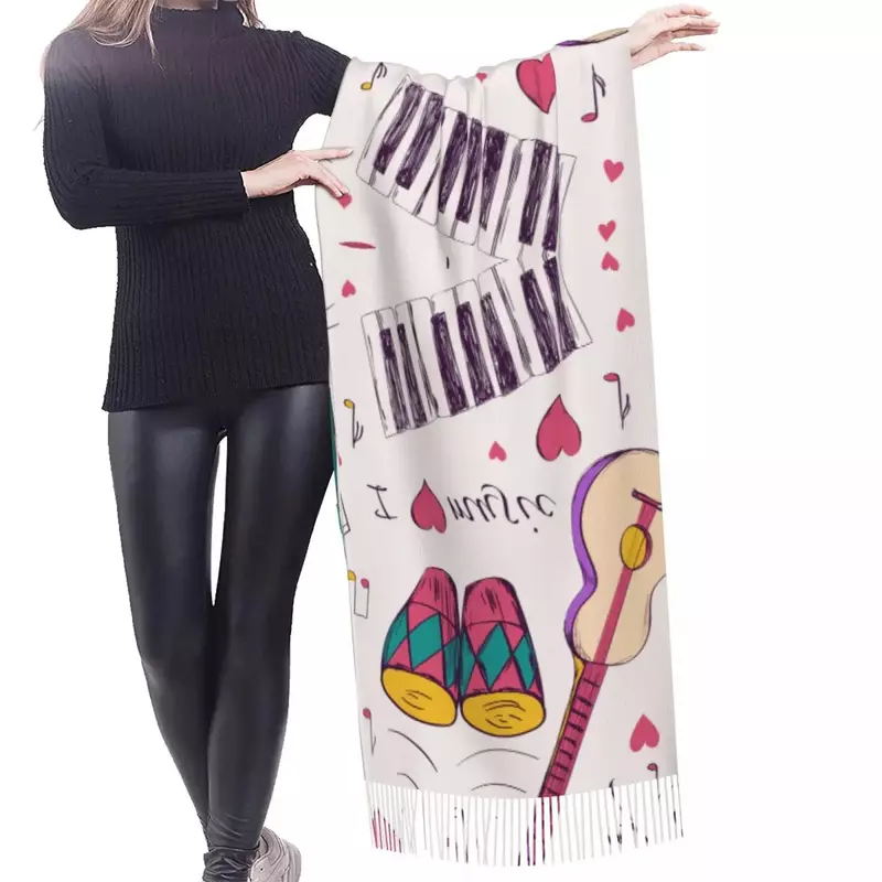 태슬 스카프 대형 파시미나 겨울 따뜻한 숄 랩 부판다 여성 악기 패턴 캐시미어 스카프, 196x68cm