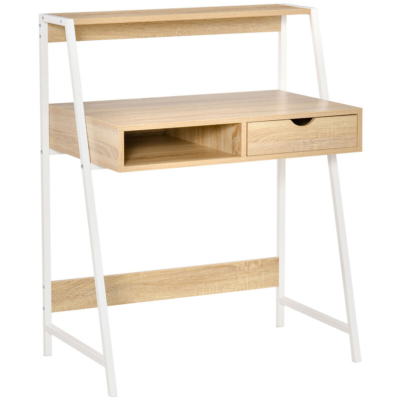 Compact Home Office Computer Desk with Convenient Storage Shelves and Drawer, Ideal Writing Table for Small Spaces, Natural Wood