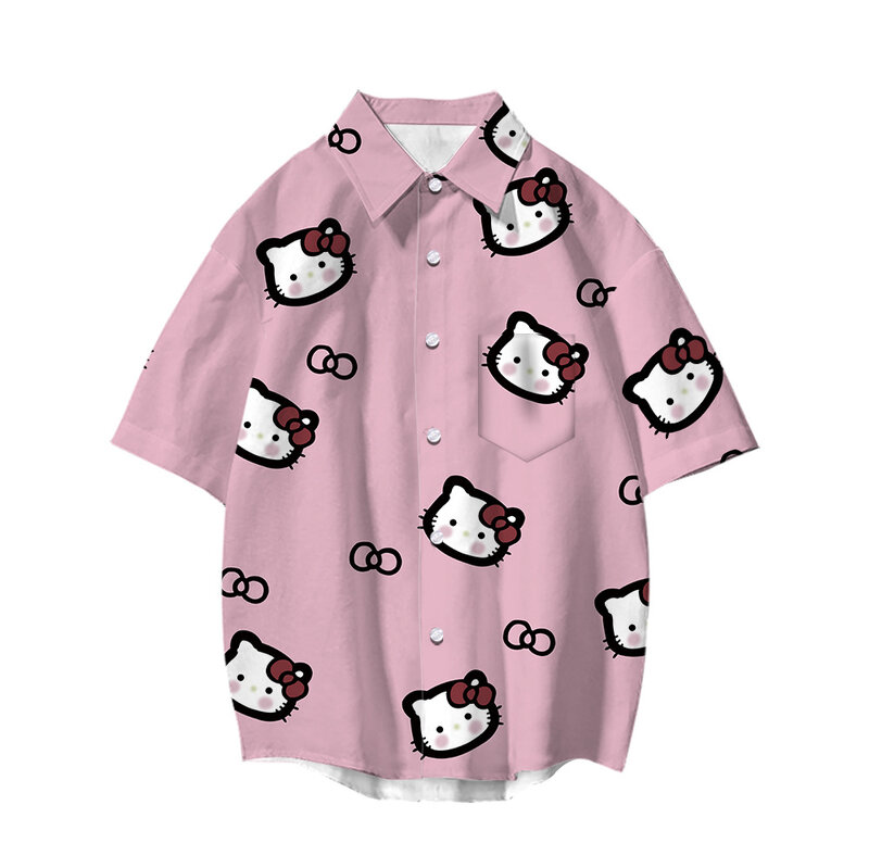 2024 Sanrio Hello Kitty Printed Summer Unisex Fashionable Casual Fashion Shirt with Cute Hawaiian Short Sleeves