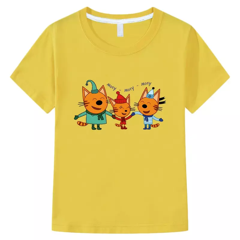 Kaus gambar kartun e-kucing kaus anak perempuan lucu Rusia tiga anak kucing baju atasan anak perempuan bayi laki-laki musim panas