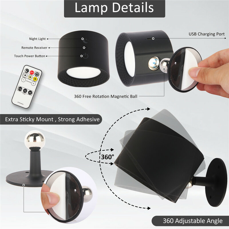 Lampu LED dekorasi, lampu dinding dekoratif berputar 360 derajat Remote Control sentuh untuk membaca samping tempat tidur pengisian magnetik
