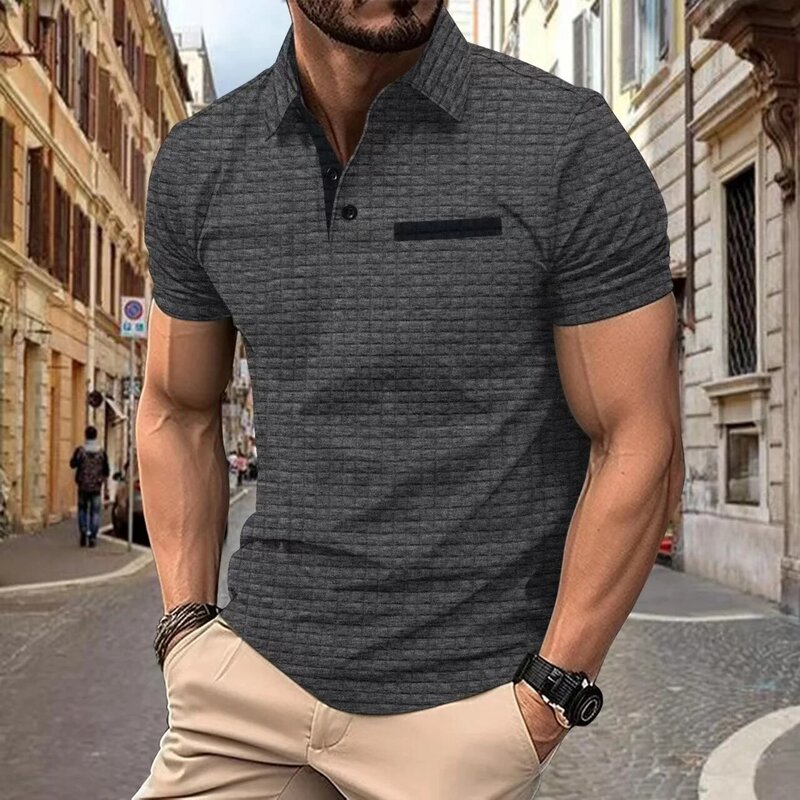 Летняя мужская Повседневная рубашка-поло с коротким рукавом, модная офисная футболка, Мужская воздухопроницаемая жаккардовая мужская одежда