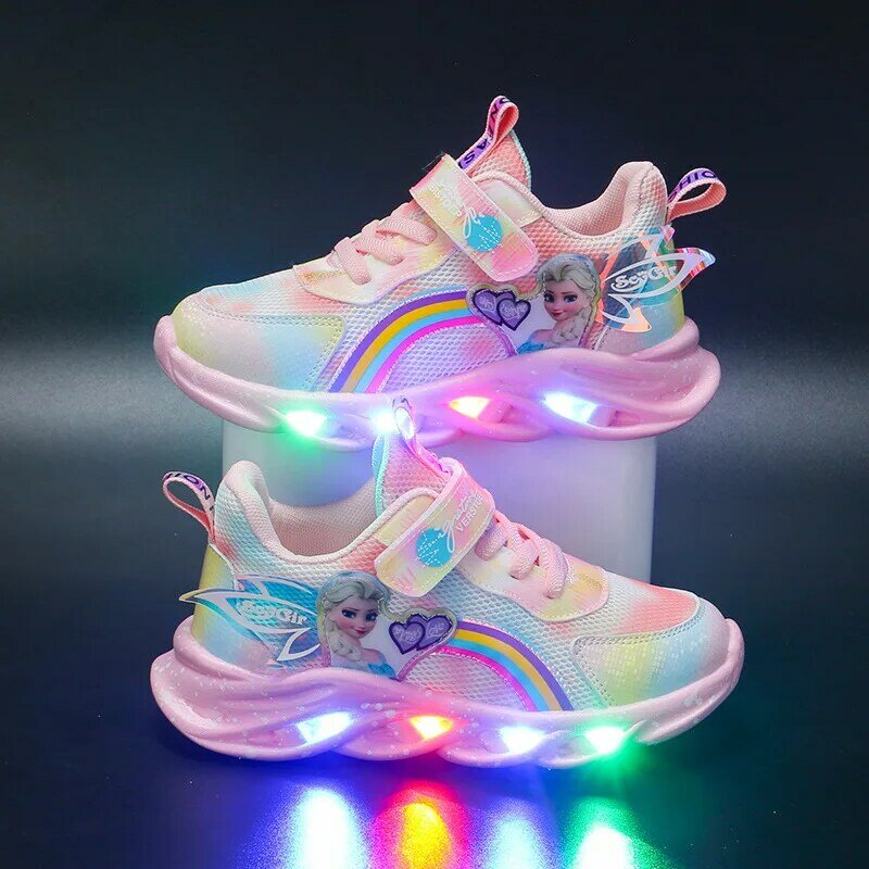 Disney Cartoon Frozen Girls Casual Shoes LED Light Up Sneakers Elsa Princess Shoes Baby Toddler Shoes Girl Present Free Shipping
