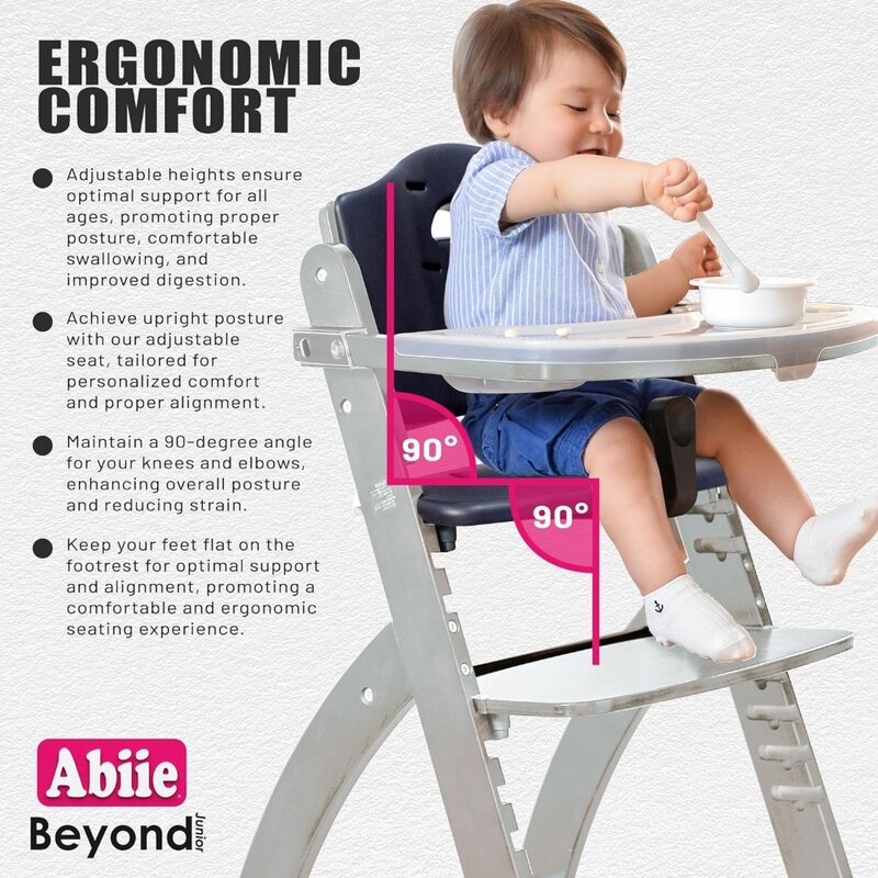 트레이가 있는 주니어 나무 높은 의자. 아기 및 유아용 또는 유아용 완벽한 조절 가능한 아기 하이체어 솔루션