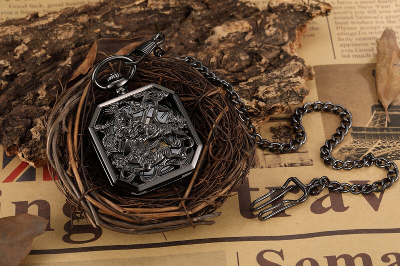 Reloj de bolsillo mecánico para hombre, cronógrafo de lujo con diseño de dragón Phoenix Kirin, Orologio antiguo, cadena con números romanos