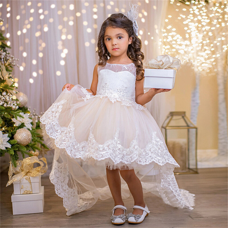Элегантное Цветочное платье для девочек, пышное Тюлевое кружевное платье принцессы, милые детские платья для первого причастия, дня рождения