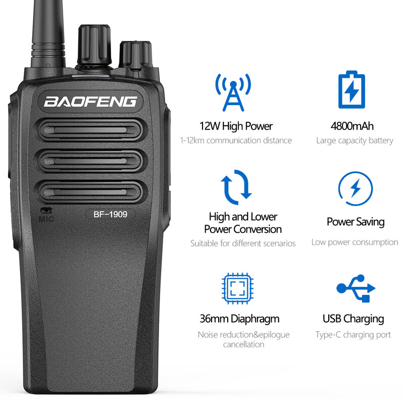 BaoFeng-walkie-talkie de alta potencia, Radio bidireccional de largo alcance, transmisor de carga tipo C, actualización BF 1909 S UV 5R UV 82, 12W, 888