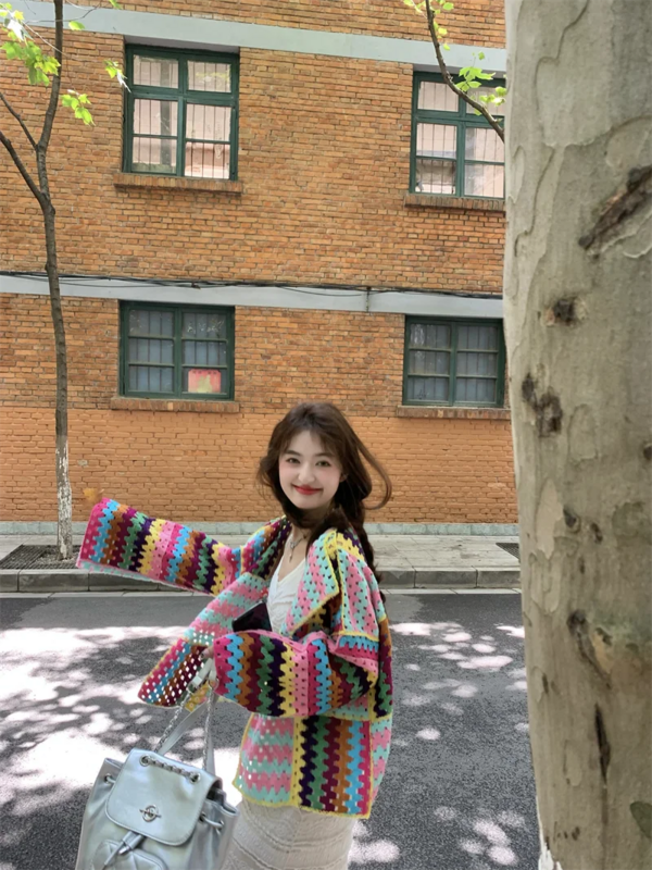 Cardigan de malha colorido para mulheres, jaqueta de malha de crochê, tops soltos, primavera, 2024