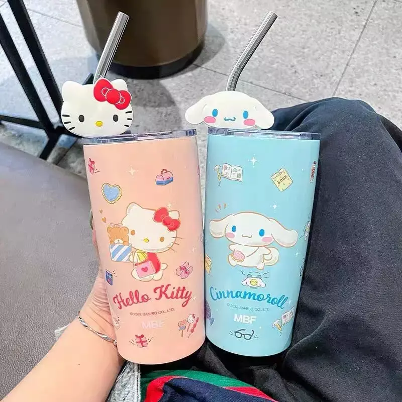 600Ml Sanrio Hello Kitty Geïsoleerde Waterbeker Schattige Cartoon Cinnamoroll Hoge Capaciteit Roestvrijstalen Rietjes Cup Vakantiegeschenken