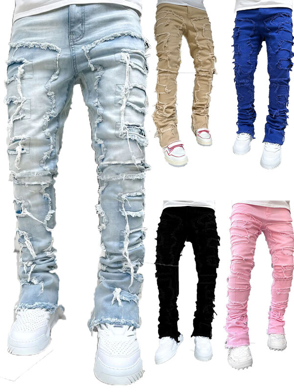 2024 Men's New Street Fashion Stitching Jeans Youth Straight Tassel Patchwork Jeans