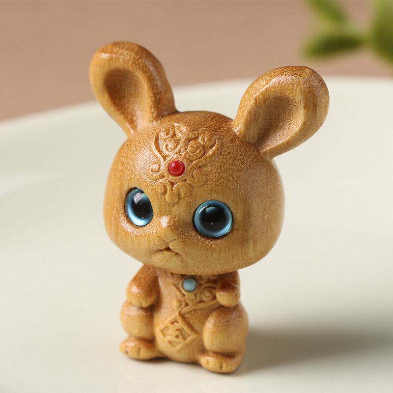 Mini lapin de dessin animé en bois de santal naturel, gros yeux mignons, ornements de bricolage, accessoires de bureau, cadeau, 2 pièces