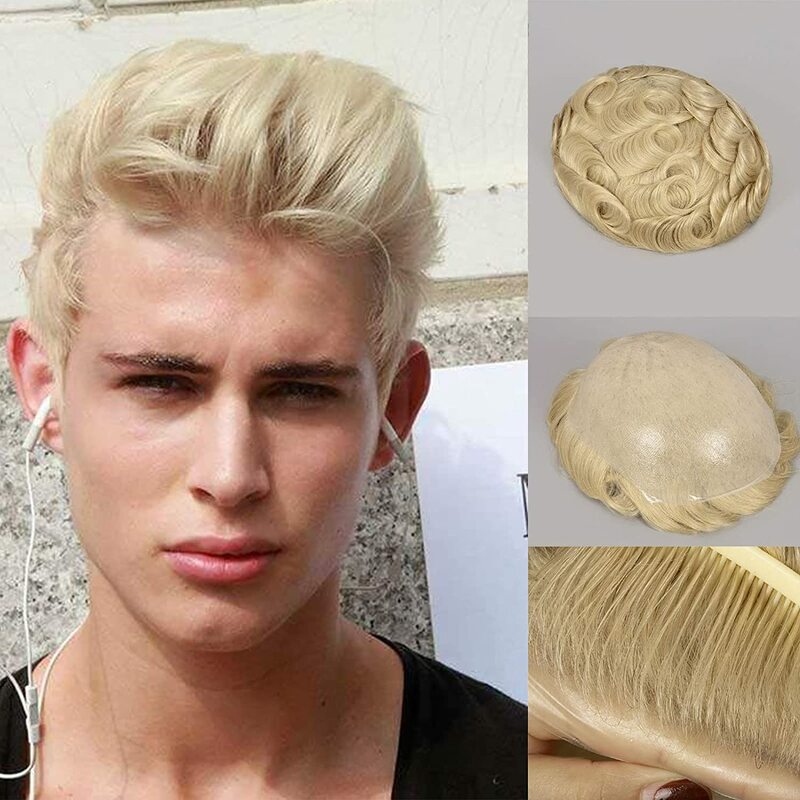 Super Durable Men Toupee #60RY Blonde Thin Male Wigs Human Hair Natural Hairline Microskin Full Skin Pu Capillary Prosthesis