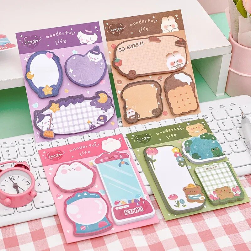 Cute Cartoon Sticky Notes, Mini Kawaii Rabbit Bear Memo Pad, Etiqueta auto-adesiva da mensagem, Artigos de papelaria para escritório e escola