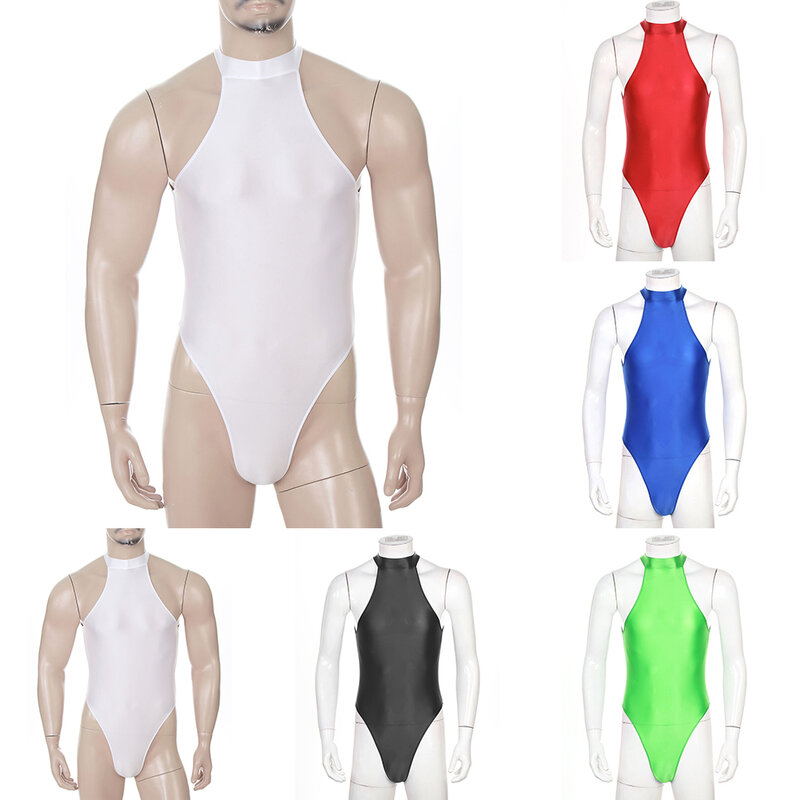 Mens Oil Glossy Sleeveless Bodysuit Solid Color Smooth Jumpsuit Sexy Back Zip-up Leotard High Cut Underwear Erotic Lingerie