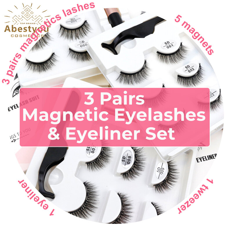 Abestyou-Magnetic Cat Eyes Lash Kit, impermeável do falso Cils Eyeliner, Ferramenta de maquiagem, pinça, 3D, 3 pares