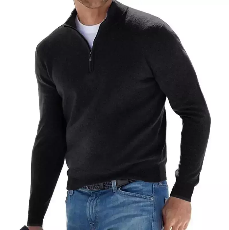 Мужской флисовый свитер на молнии, Повседневная рубашка-поло с длинными рукавами и V-образным вырезом, однотонный эластичный облегающий теплый свитер, новинка на осень