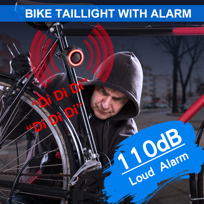 WSDCAM-alarma de bicicleta impermeable con carga USB, luz trasera antirrobo, Control remoto, protección de seguridad, 110dB