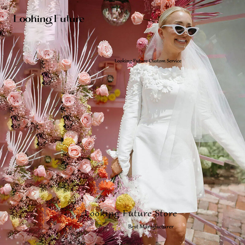 Классическое Короткое свадебное платье А-силуэта, атласное свадебное платье с длинным рукавом, аппликацией, вырезом лодочкой и открытыми плечами, мини-платье для свадьбы и выпускного