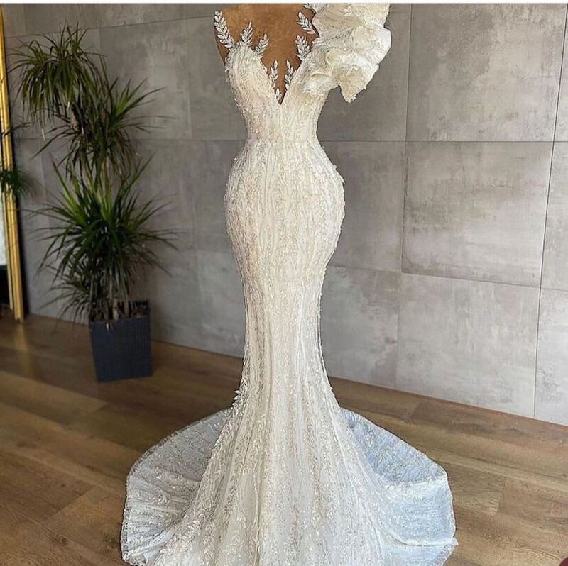 Real Picture Mermaid Wedding Dress With Sweep Train New Lace Appliques Customized Bridal Gowns Turke Robe De Mariage Hot Sale