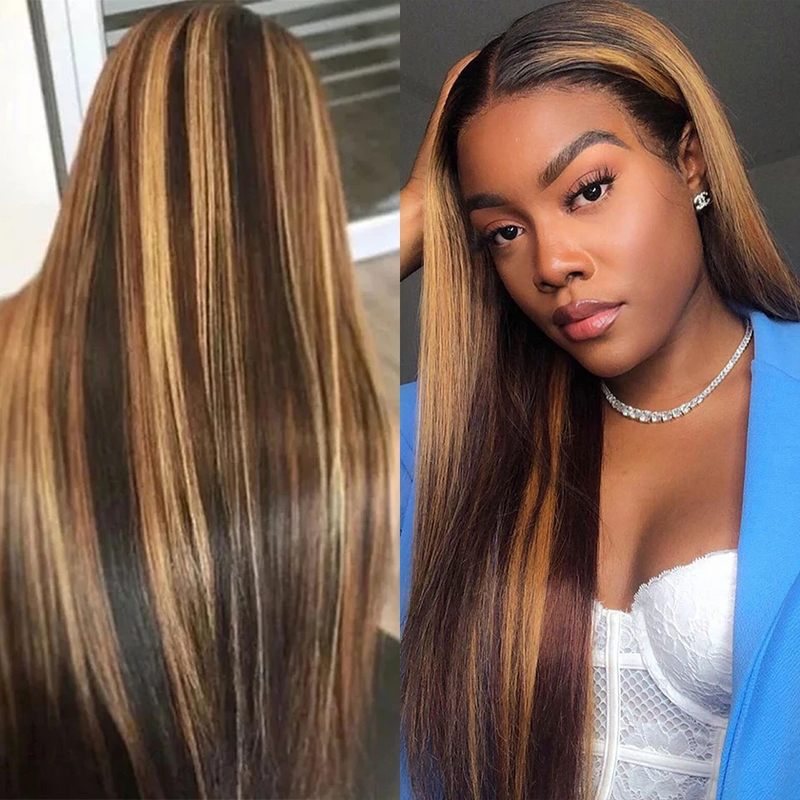 Lumiere-Straight Highlight Lace Frontal Wig para Mulheres Negras, HD Ombre Perucas, Mel Castanho, P4, 27, 30"