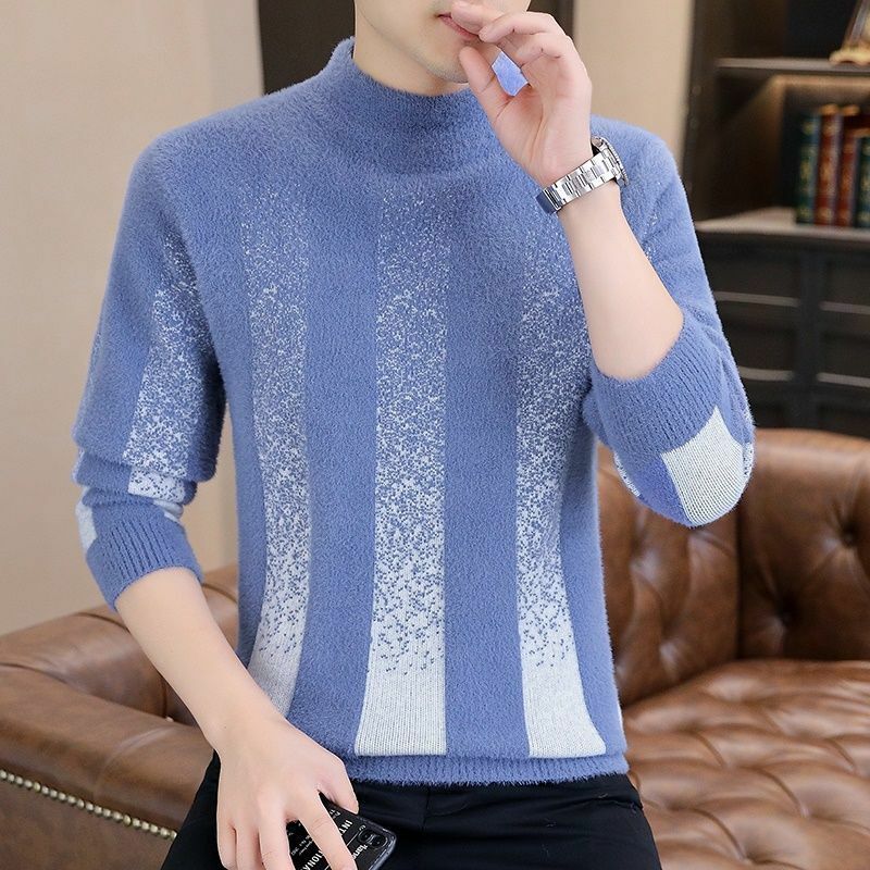 Half High Collar Sweater Men Middle High School Students Autumn Winter Thick Fashion Long Sleeve Pullover Knitted Bottom Tops