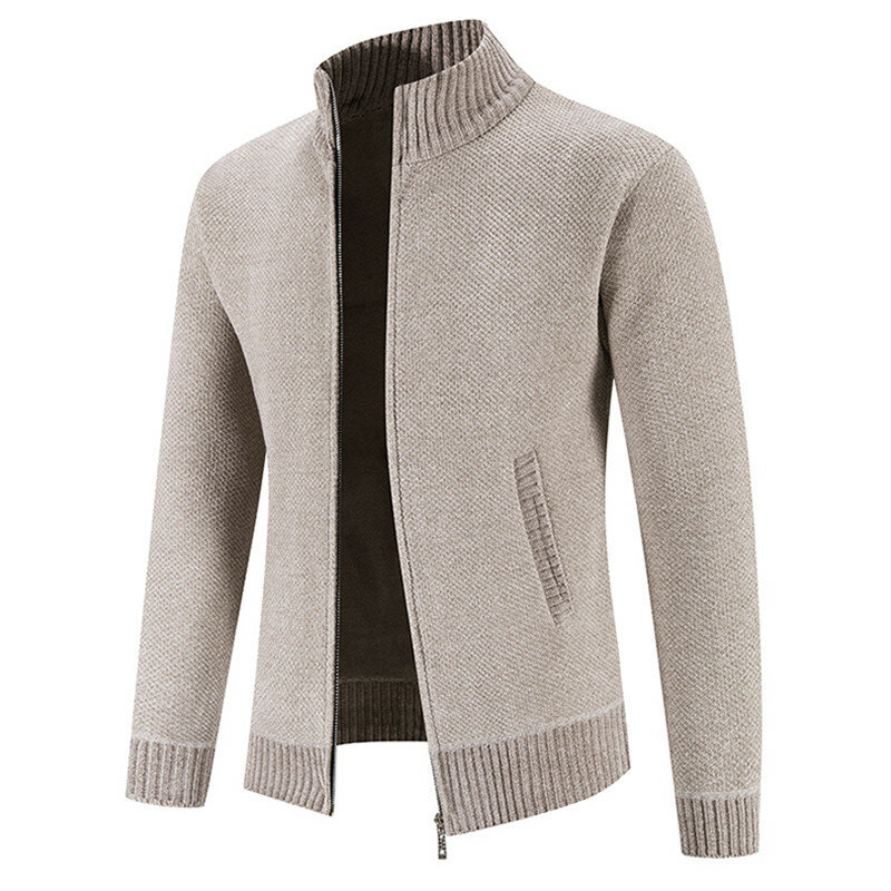 Новые осенне-зимние свитера для мужчин, флисовый кардиган, теплый вязаный свитер, Мужская однотонная трикотажная куртка с воротником-стойкой на молнии