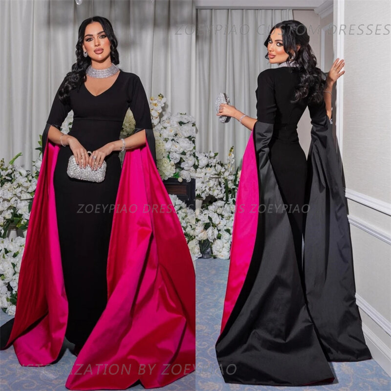 Elegante schwarz/fuschia lange Ballkleider Saudi-Arabien Abendkleider boden lang plissiert V-Ausschnitt formelle Gelegenheit Party kleider
