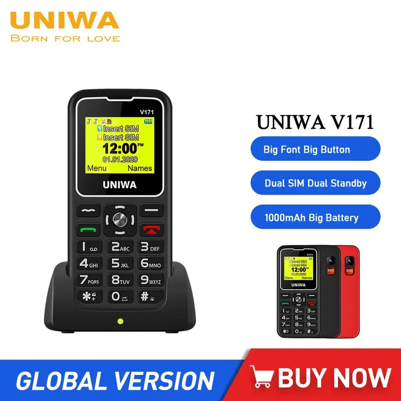 UNIWA-teléfono inteligente V171 2G GMS, dispositivo inalámbrico de 1,77 pulgadas con FM, batería de 1000mAh, base de carga gratuita, SOS, para personas mayores