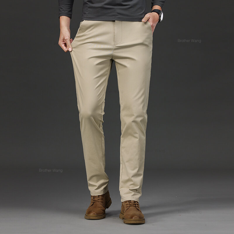 Calça casual de algodão reto masculina, cintura elástica, slim, cor sólida, calças de negócios, quatro estações, roupas masculinas, 9 cores